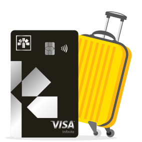 Black Laurentian Bank Visa Infinite* credit card with a yellow suitcase.