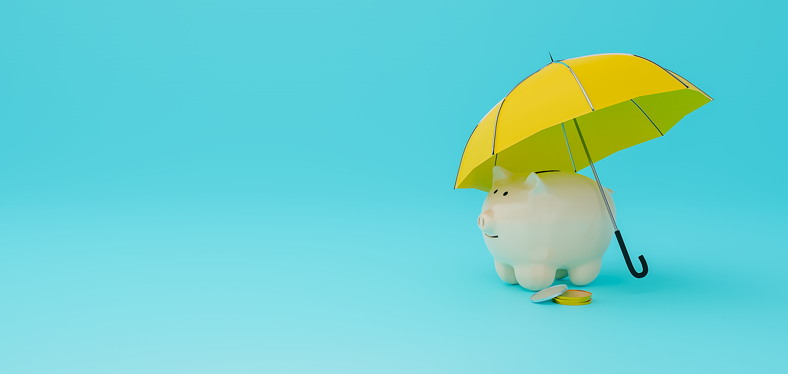 A piggy bank sits underneath a yellow umbrella, protecting it and some coins.