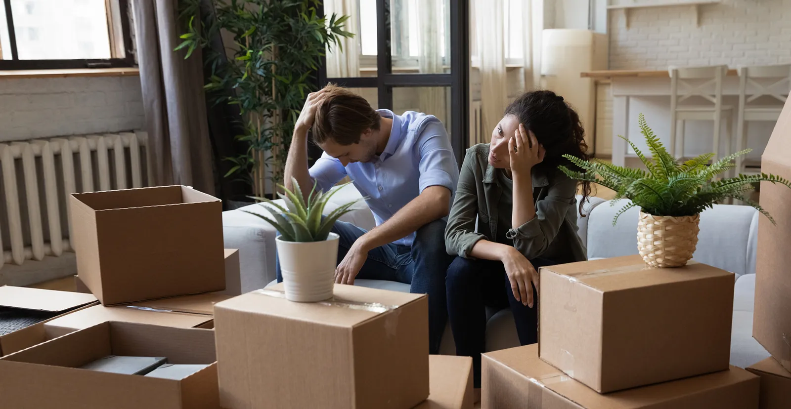 A tired couple sits on a couch, surrounded by moving boxes and houseplants.