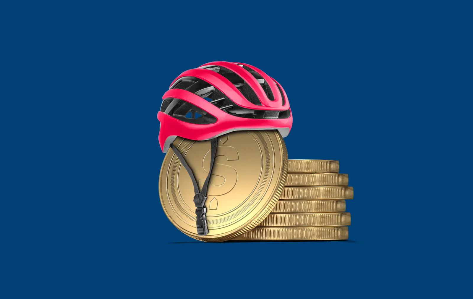 A bicycle helmet sits on top of a stack of gold coins.