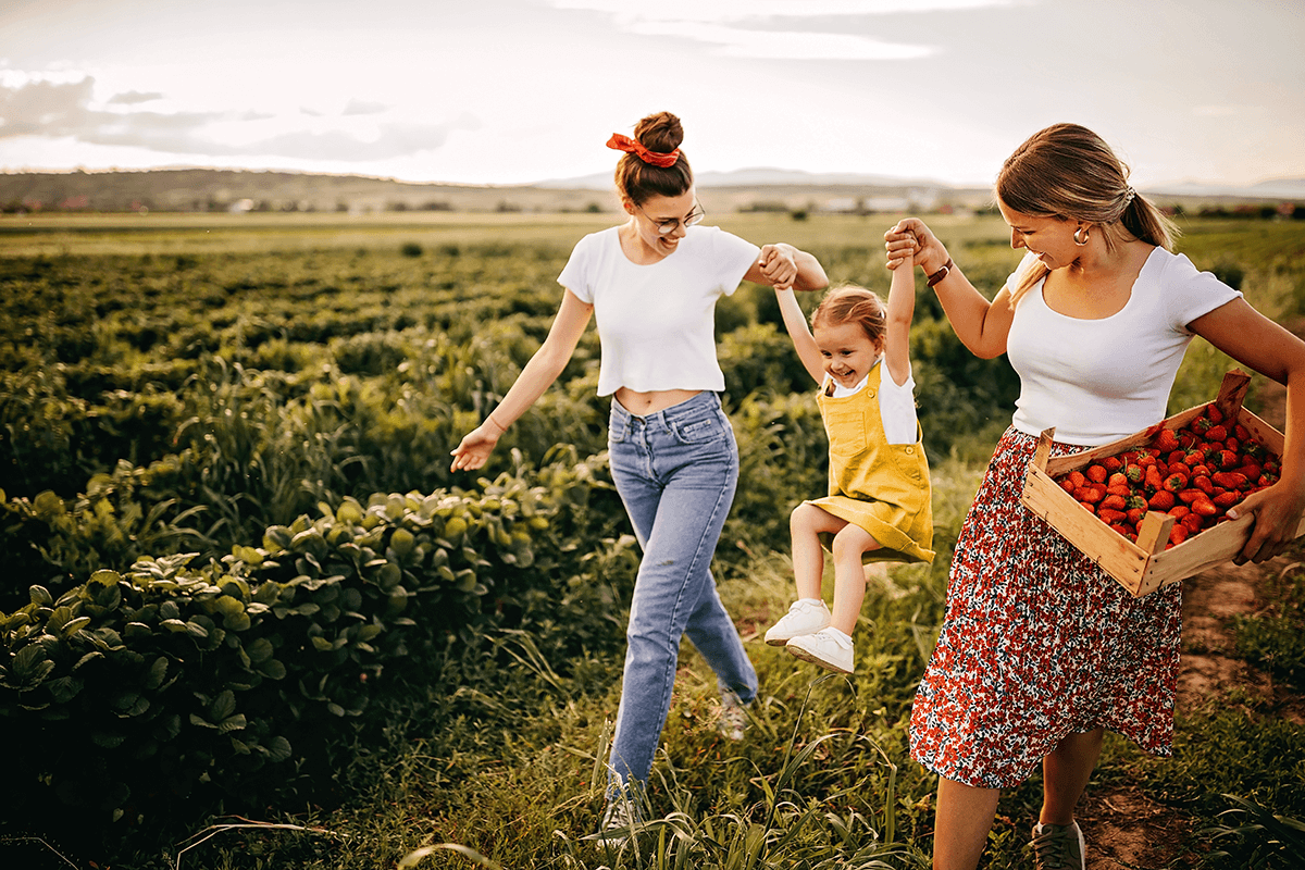 Two young women swing a smiling little girl between them in a strawberry field. One of the women is carrying a wooden tray full of strawberries.