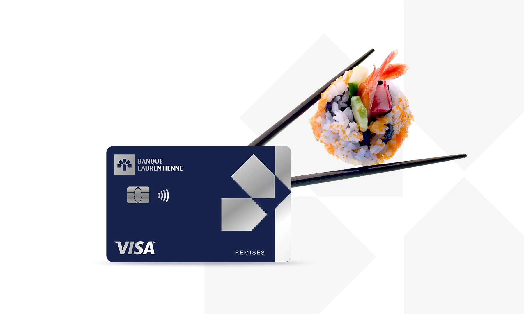 Carte de crédit Visa* Remises Banque Laurentienne avec une paire de baguettes tenant un morceau de sushi.