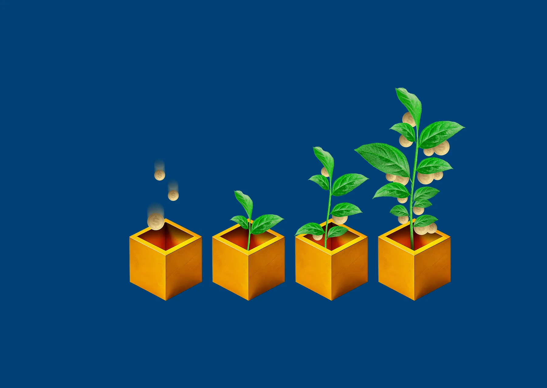 There are four flowerpots. One pot has coins falling into it while the other three have plants blooming with coins.