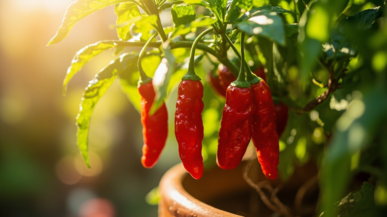 Chili Peppers Growing in Pot
