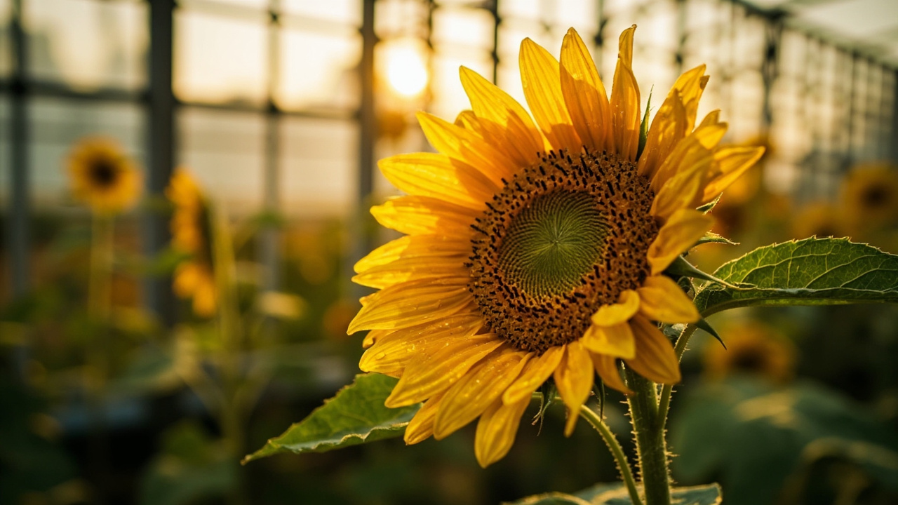 Sunflower Close-up in Greenhouse