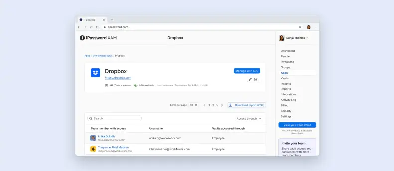 Interface de relatórios e insights de gerenciamento de aplicativos no Extended Access Management do 1Password
