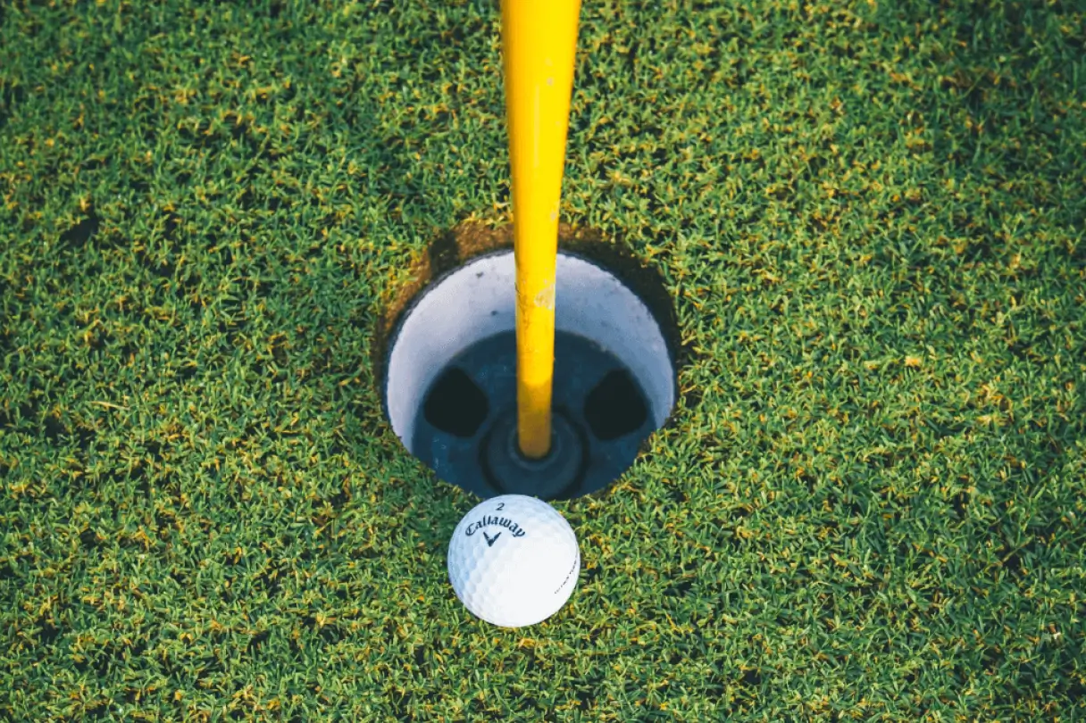 A golf ball about to roll in for a hole in one. 