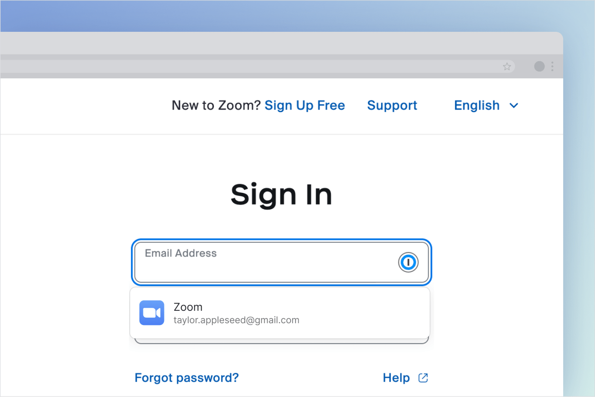 Окно браузера открыто на странице входа в Zoom. 1Password предлагает войти в систему с помощью привязанных учетных данных.