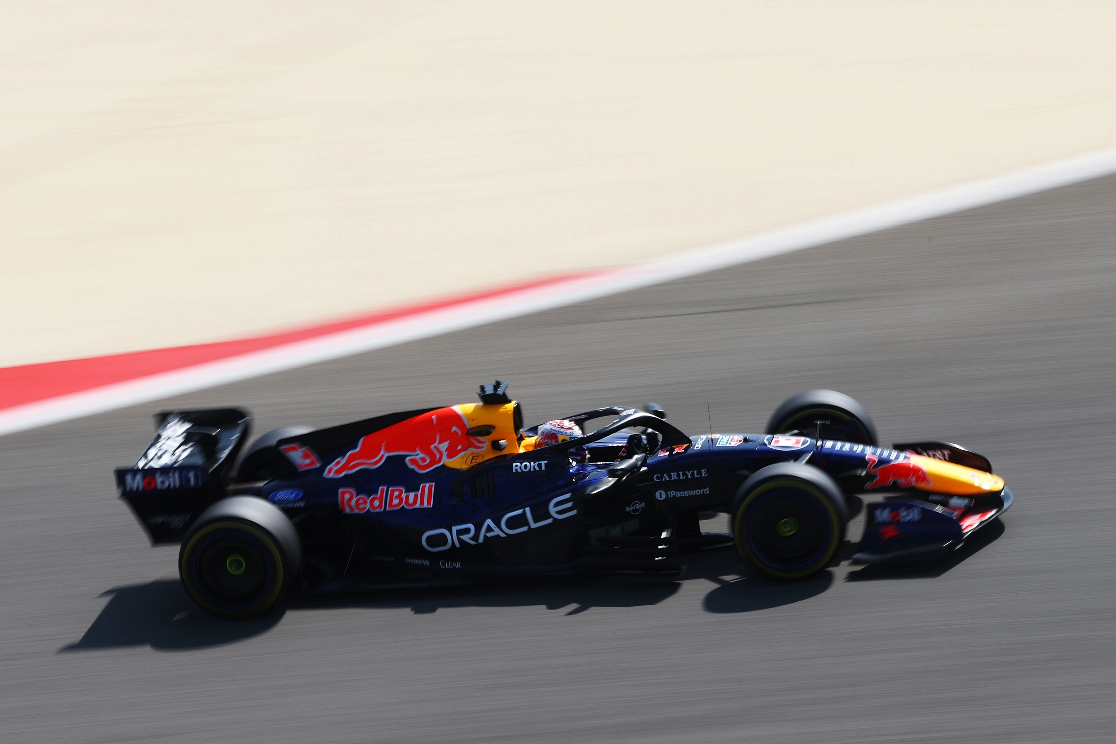 Oracle Red Bull Racing Formula 1 car captured in motion on track, showing the Red Bull and Oracle livery.