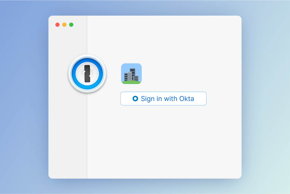 Tela de bloqueio do 1Password 8 para Mac com o botão \"Entrar com Okta\".