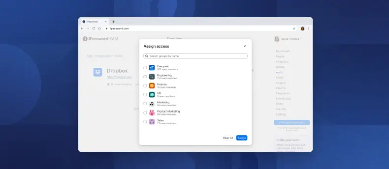 1Password 中用于单点登录 (SSO) 的组访问控制界面
