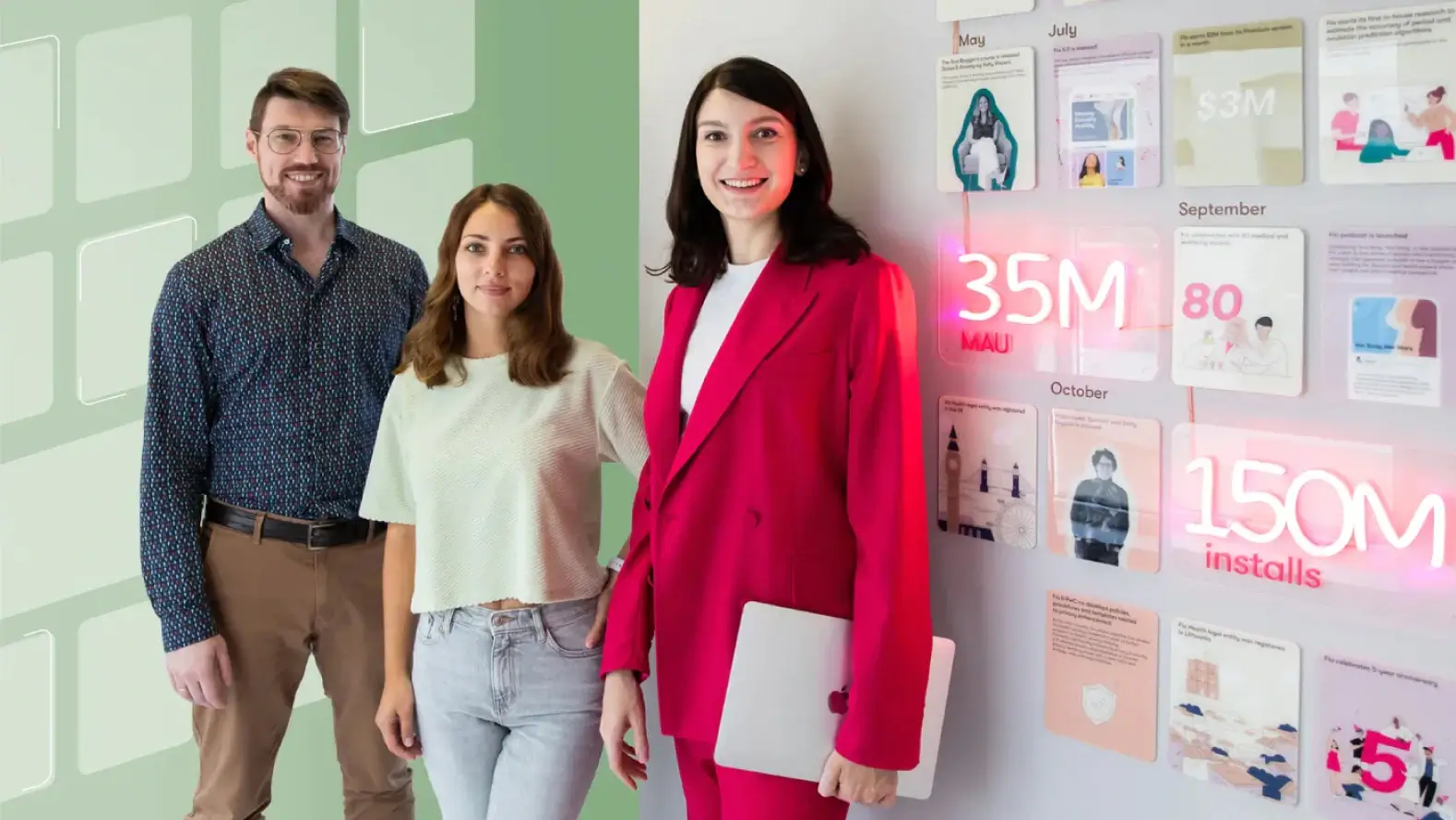 Flo employees standing in front of medical advisor calendar