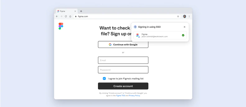 Figma account sign in using single sign on (SSO) by 1Password