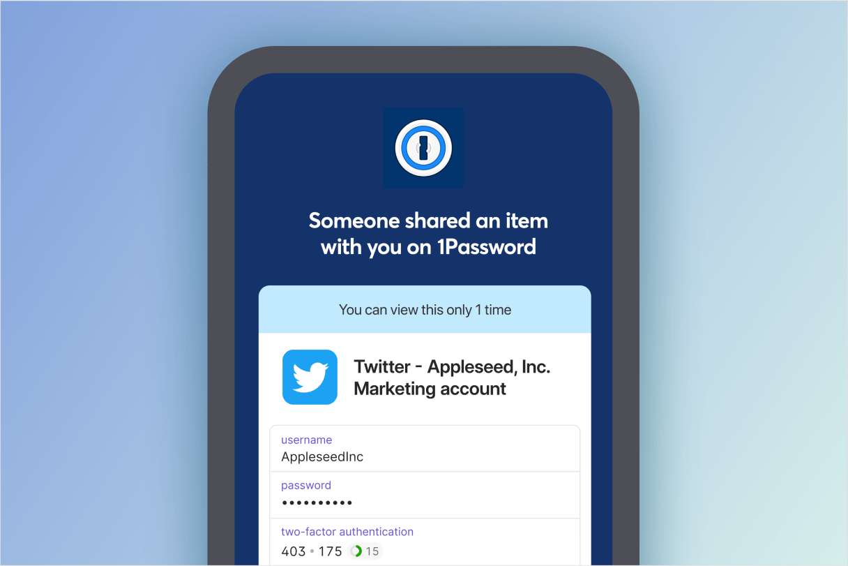 Das Smartphone zeigt eine Webseite mit dem Text „Jemand hat in 1Password ein Element mit dir geteilt“ sowie verschiedene Kontoinformationen für ein Twitter-Konto eines Unternehmens, wie Benutzername, Passwort, Einmalpasswort und eine Notiz.