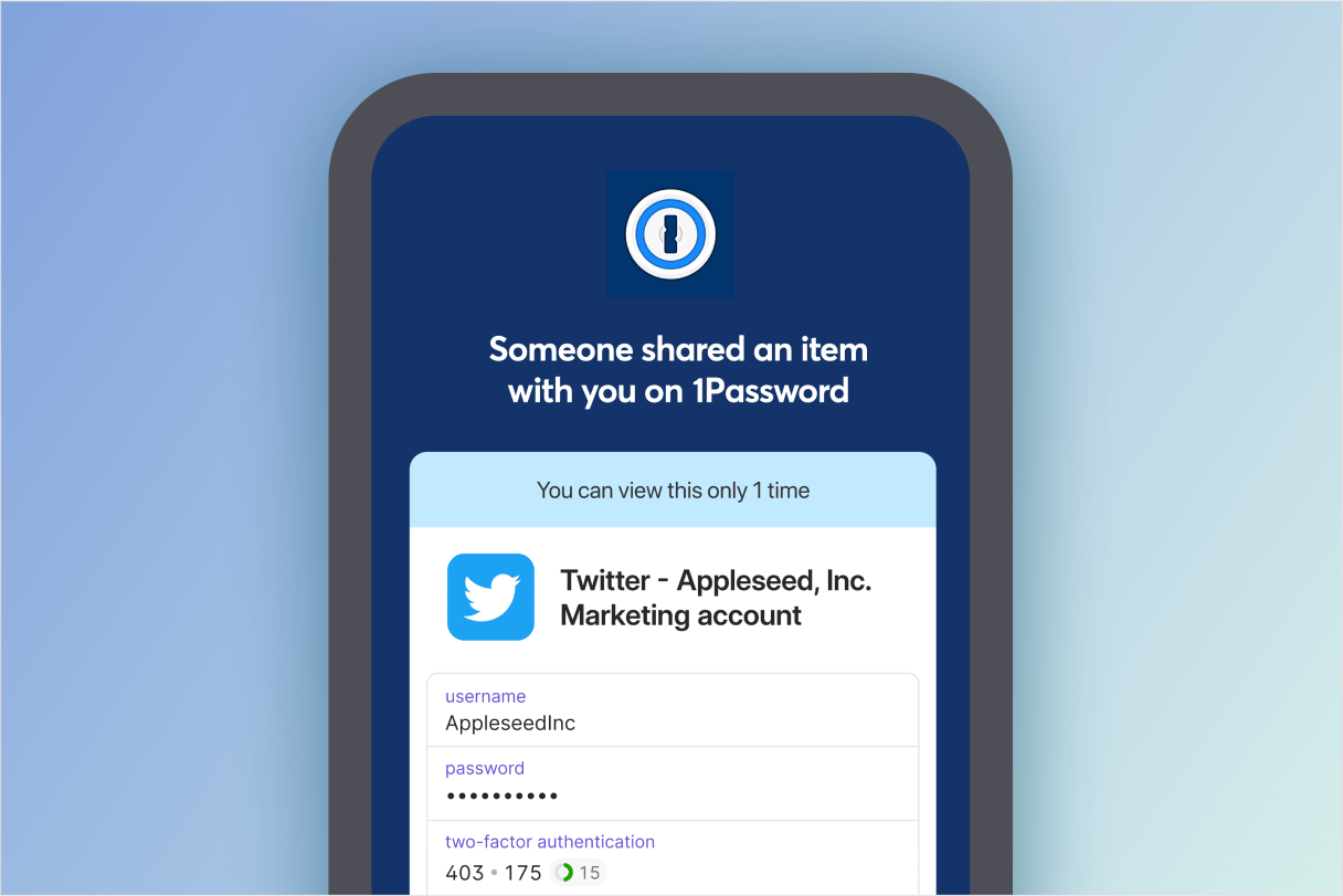 Téléphone affichant une page web avec le texte «\_Quelqu'un a partagé un élément avec vous dans 1Password\_» et diverses informations sur un compte Twitter d'entreprise, comme le nom d'utilisateur, le mot de passe, un mot de passe à usage unique et une note.