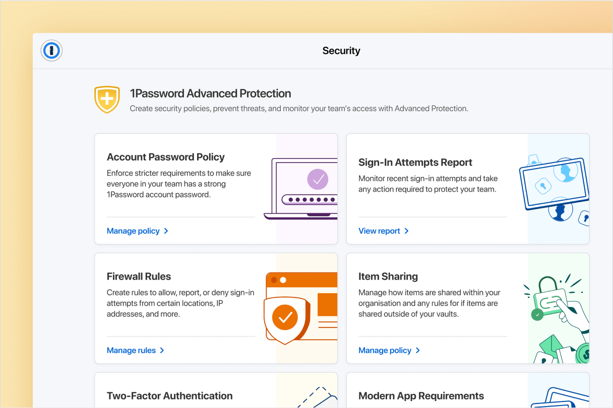 1Password Advanced Protection overview with helpful links to quickly manage account password policy, vault permissions, firewall rules, and item sharing policy