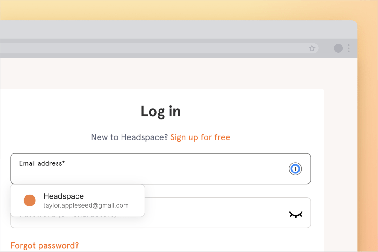 Headspace.com login page, with 1Password offering to autofill the username and password fields with linked credentials