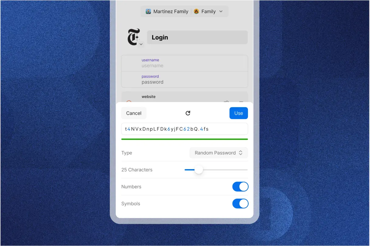 An overlay of the 1Password app demonstrating the unique, built-in password generator capabilities. 