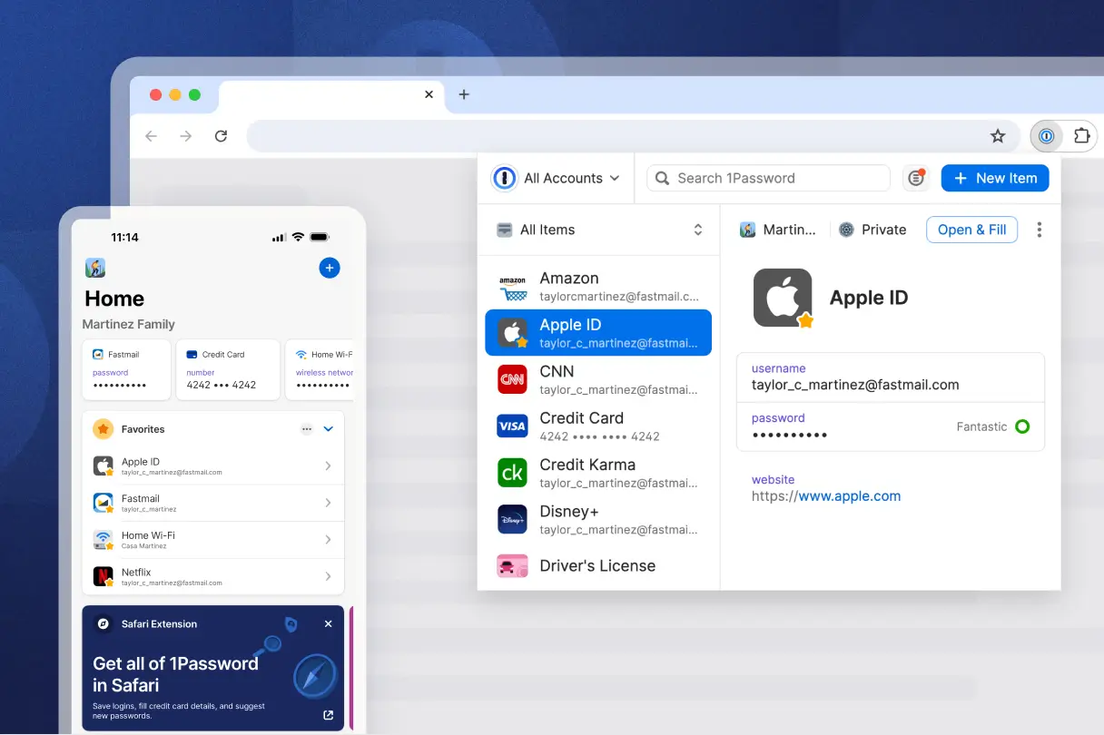 A pop up of the 1Password browser extension on a desktop computer next to the mobile version of the 1Password app, demonstrating the company's cross device capabilities.  