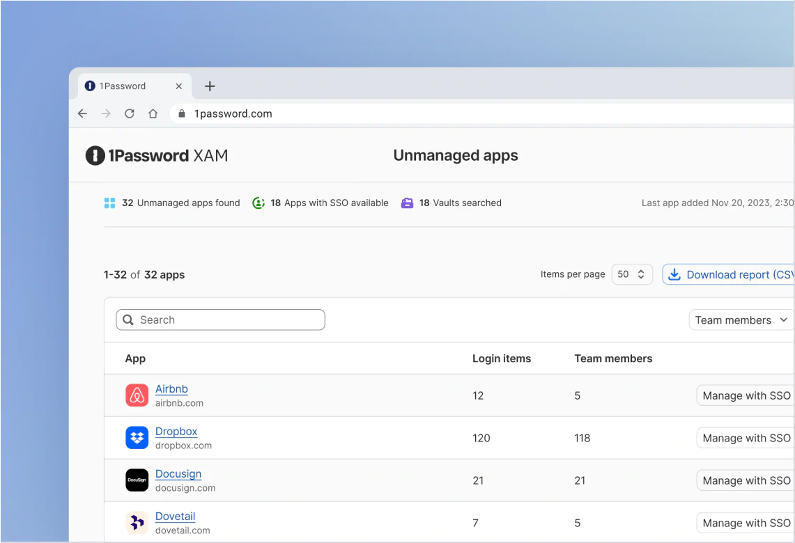 1Password Extended Access Managementのアプリケーション管理インターフェース