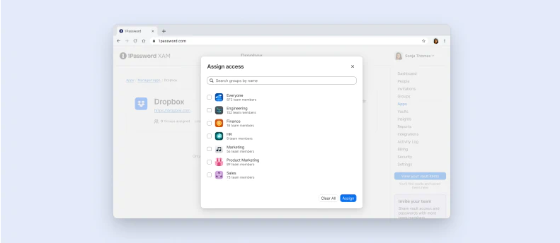 interface de contrôle d'accès de groupe pour l'authentification unique (SSO) dans 1Password
