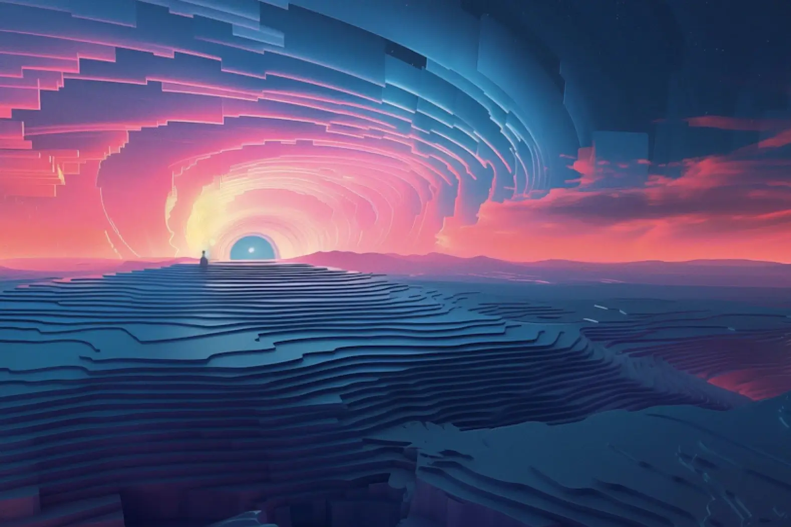 Stylized artwork of sunset over mountains