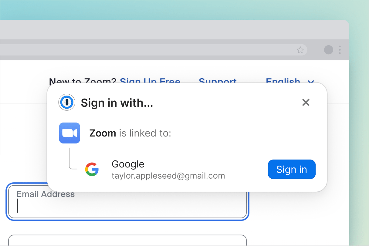 Janela do navegador exibindo a página de login do Zoom. Uma janela pop-up do 1Password oferece para fazer login usando as credenciais do Google vinculadas a uma conta do Zoom.