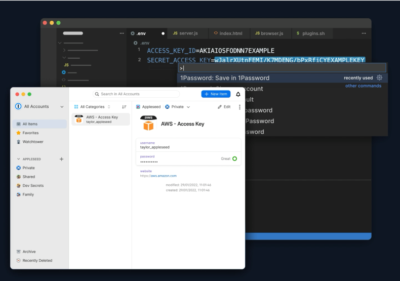 1Password for VS Code showing the option to save credentials in 1Password directly in VS Code, with the corresponding AWS Access Key also shown in 1Password for Mac.