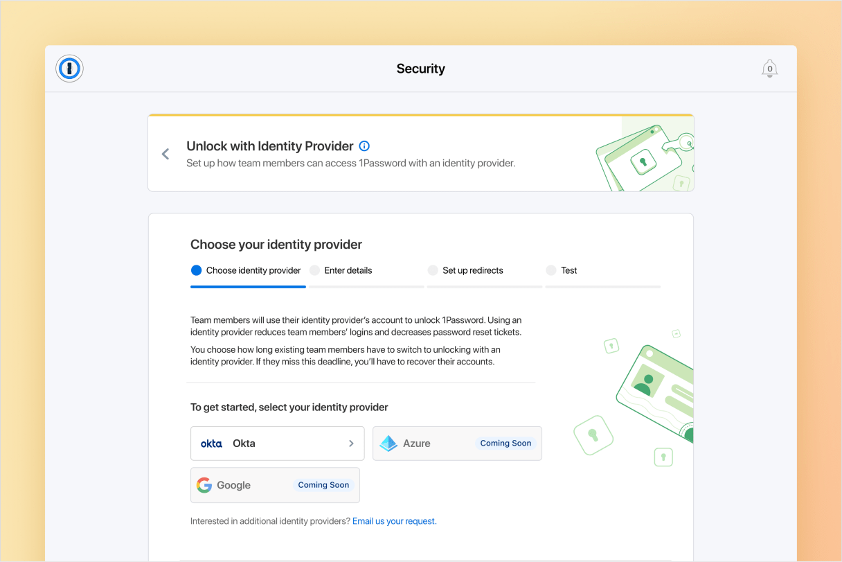 Unlock with Identity Provider page in the 1Password Business Admin Dashboard on the web. Okta is listed as a current integration option, with Azure and Google listed as 'coming soon