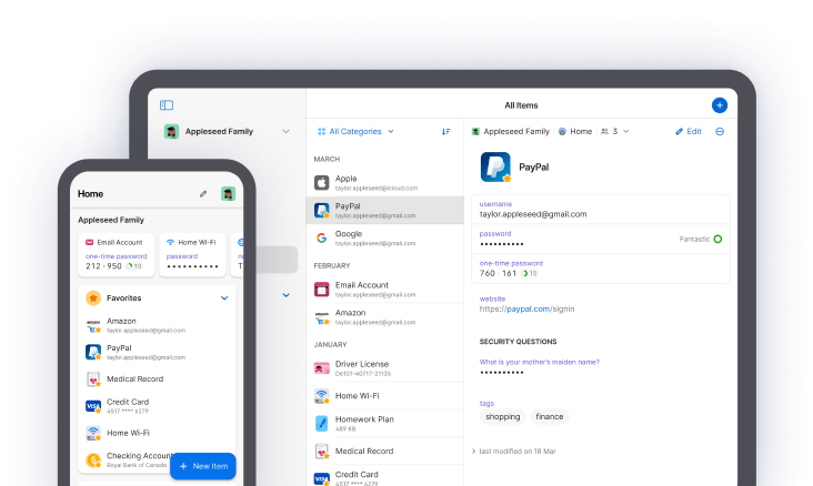 1Password 8 unlock animation, followed by 1Password 8 shown in a phone and tablet. The phone displays the 1Password home screen with pinned items and a favorites section. The tablet shows a PayPal login with username, password, one-time password, and security question fields.