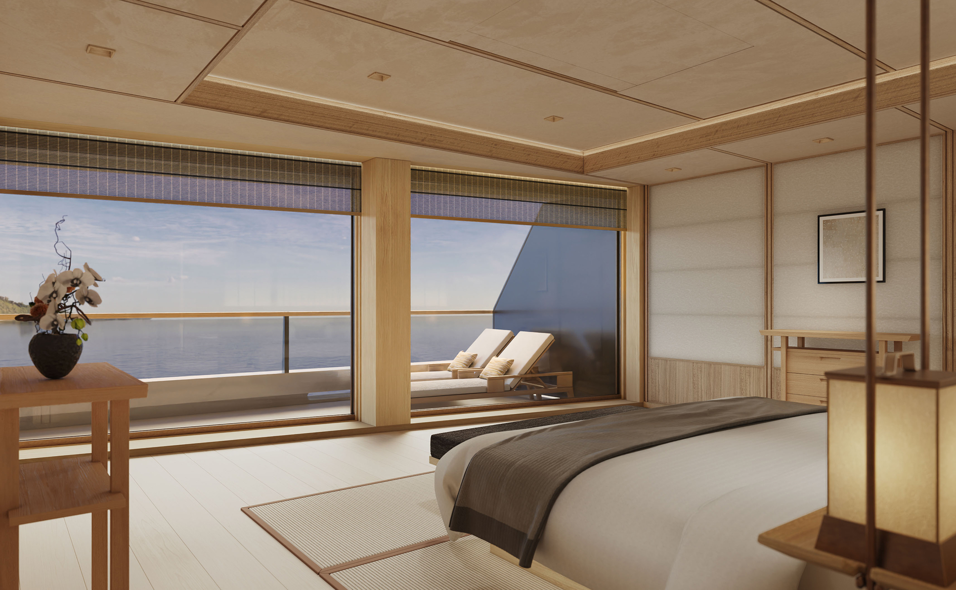 Ocean-view bedroom of Grand Suite with private terrace aboard the Amangati luxury charter yacht