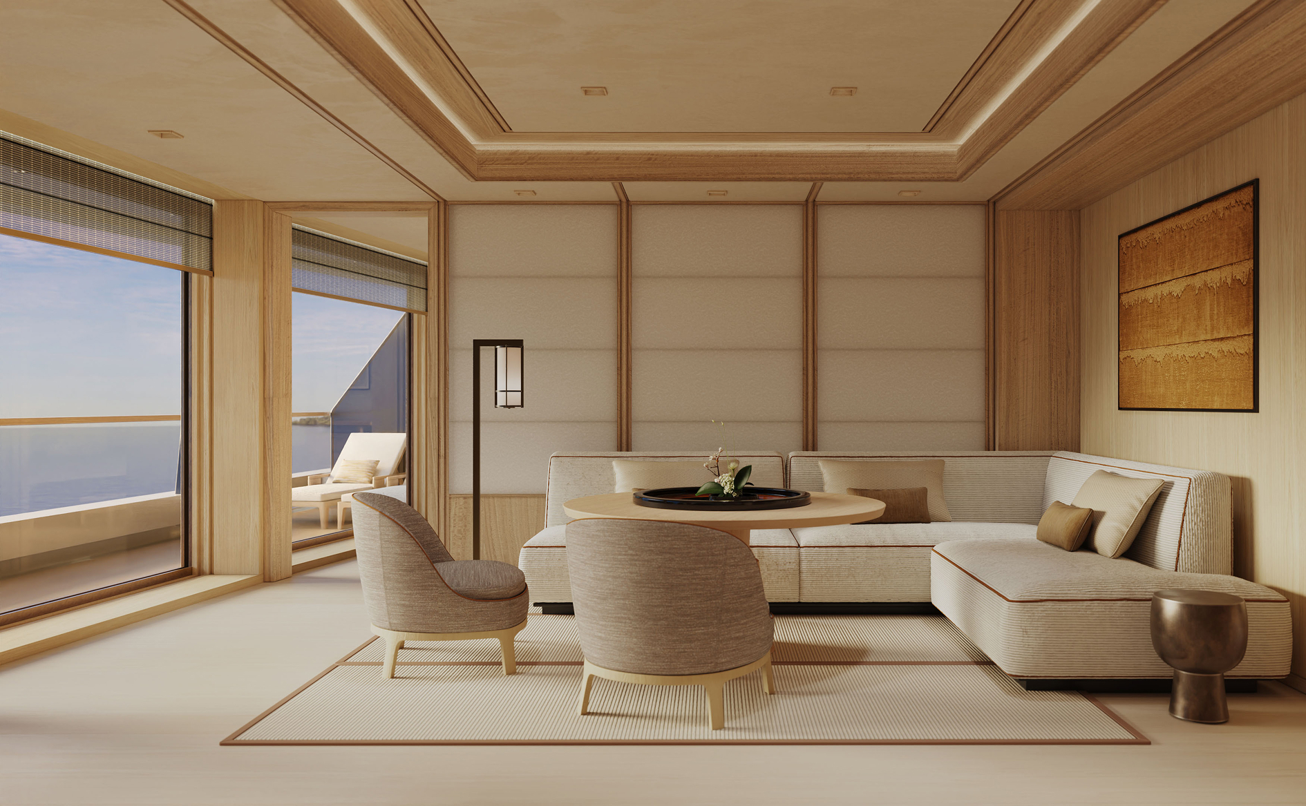 Grand Suite with floor-to-ceiling ocean views on the Amangati luxury yacht