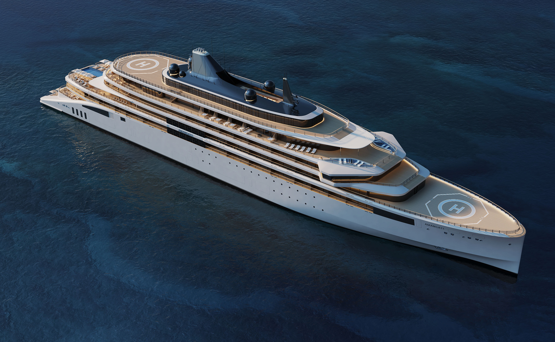 Full aerial view of the 180m Amangati luxury motor yacht showing twin helipads
