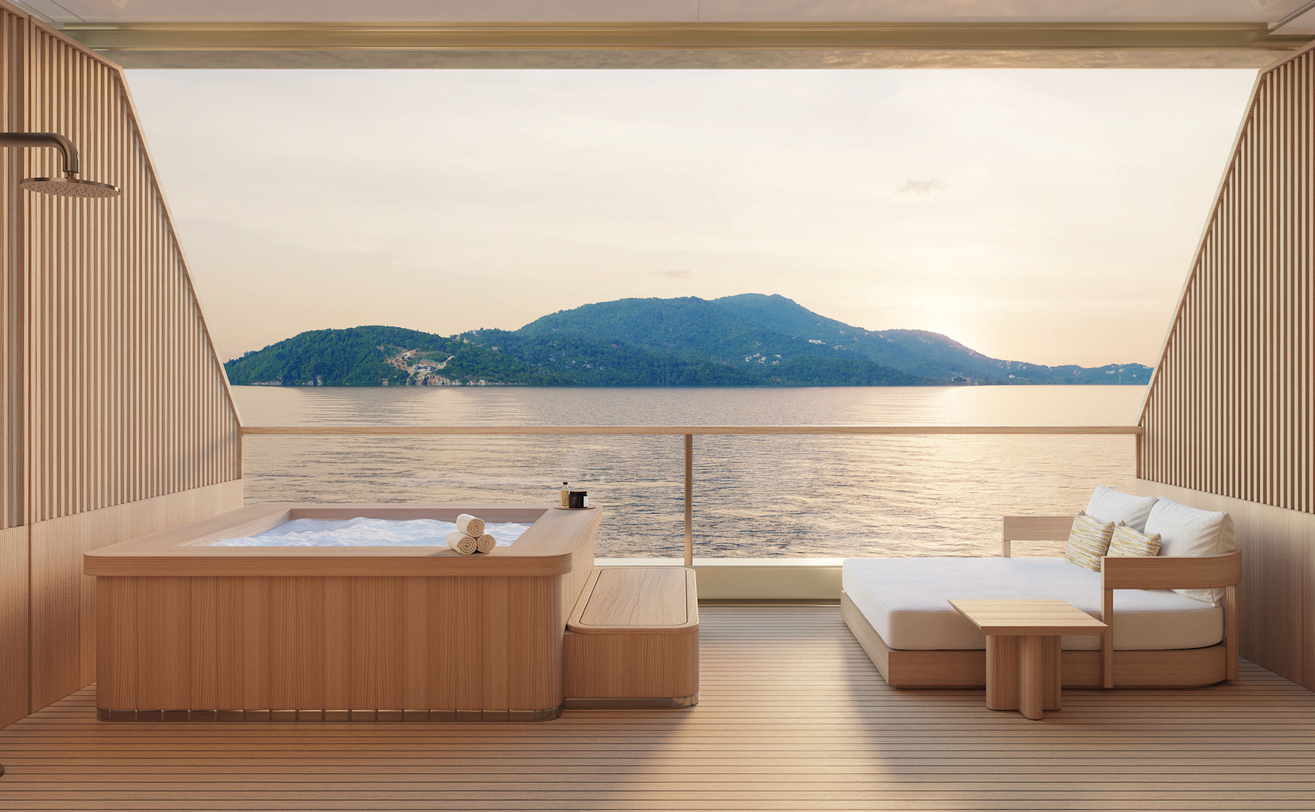 Ocean-view whirlpool bath and daybed on the Amangati luxury motor yacht