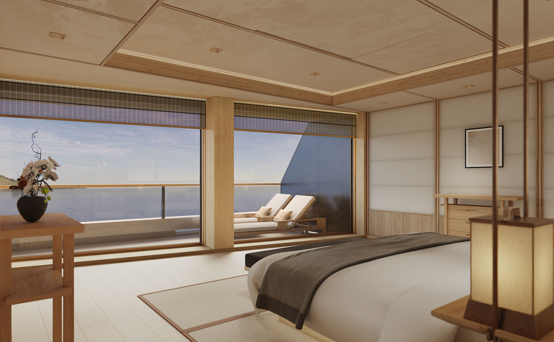 Ocean-view bedroom of Grand Suite with private terrace aboard the Amangati luxury charter yacht