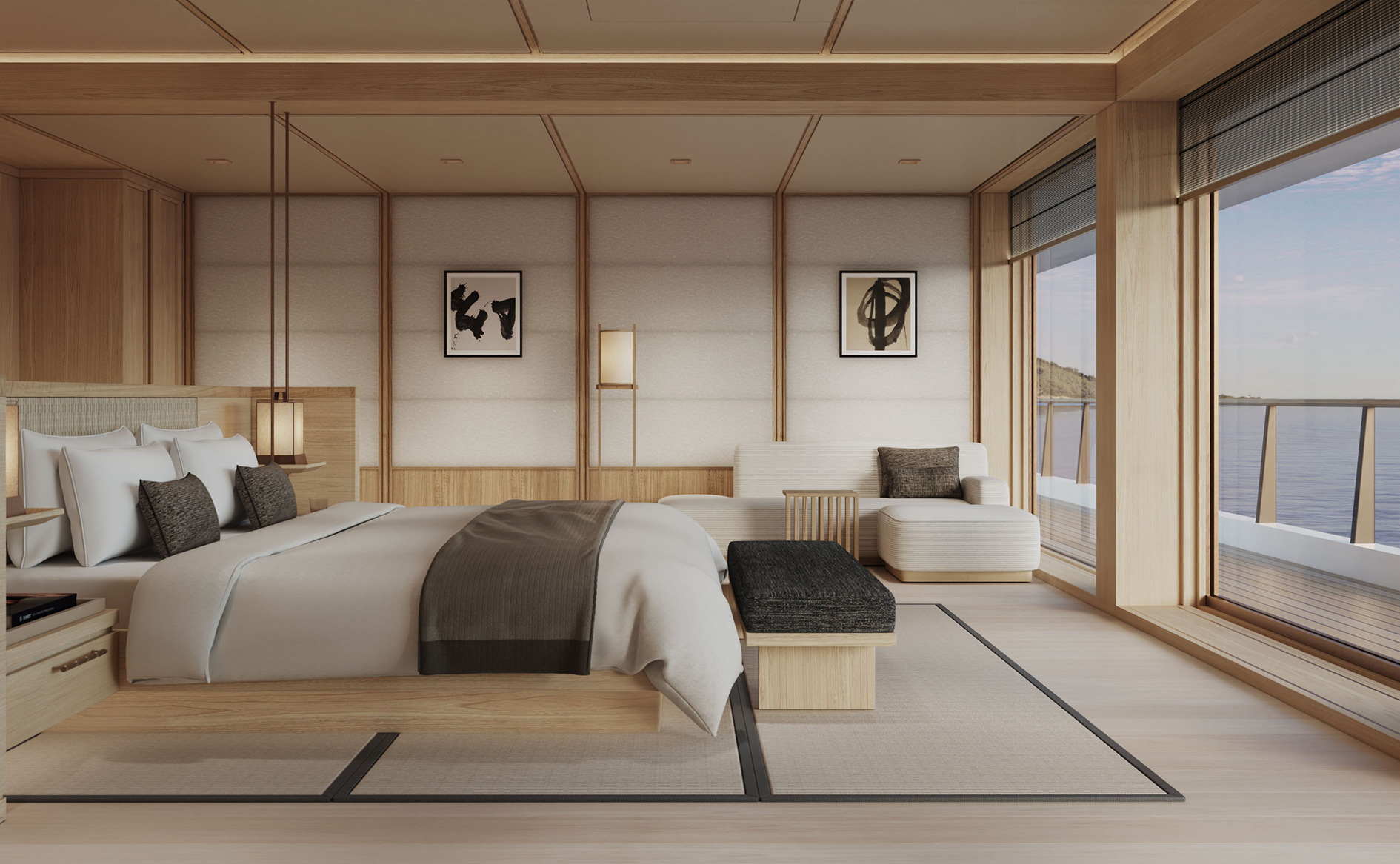 Japanese-inspired bedroom in a Signature Suite aboard the Amangati luxury charter yacht