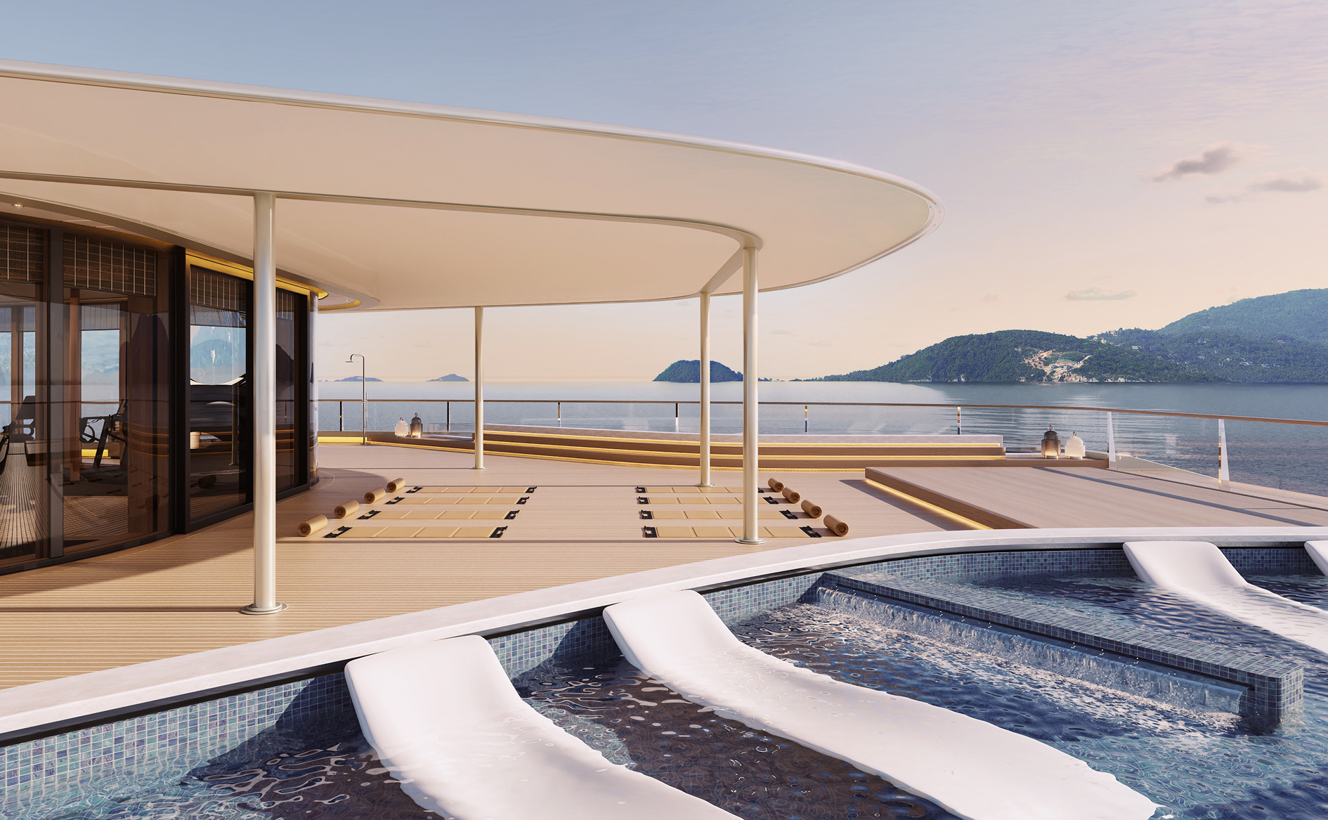 Ocean-facing Yoga and Meditation Deck with immersion pools on the luxury charter yacht Amangati