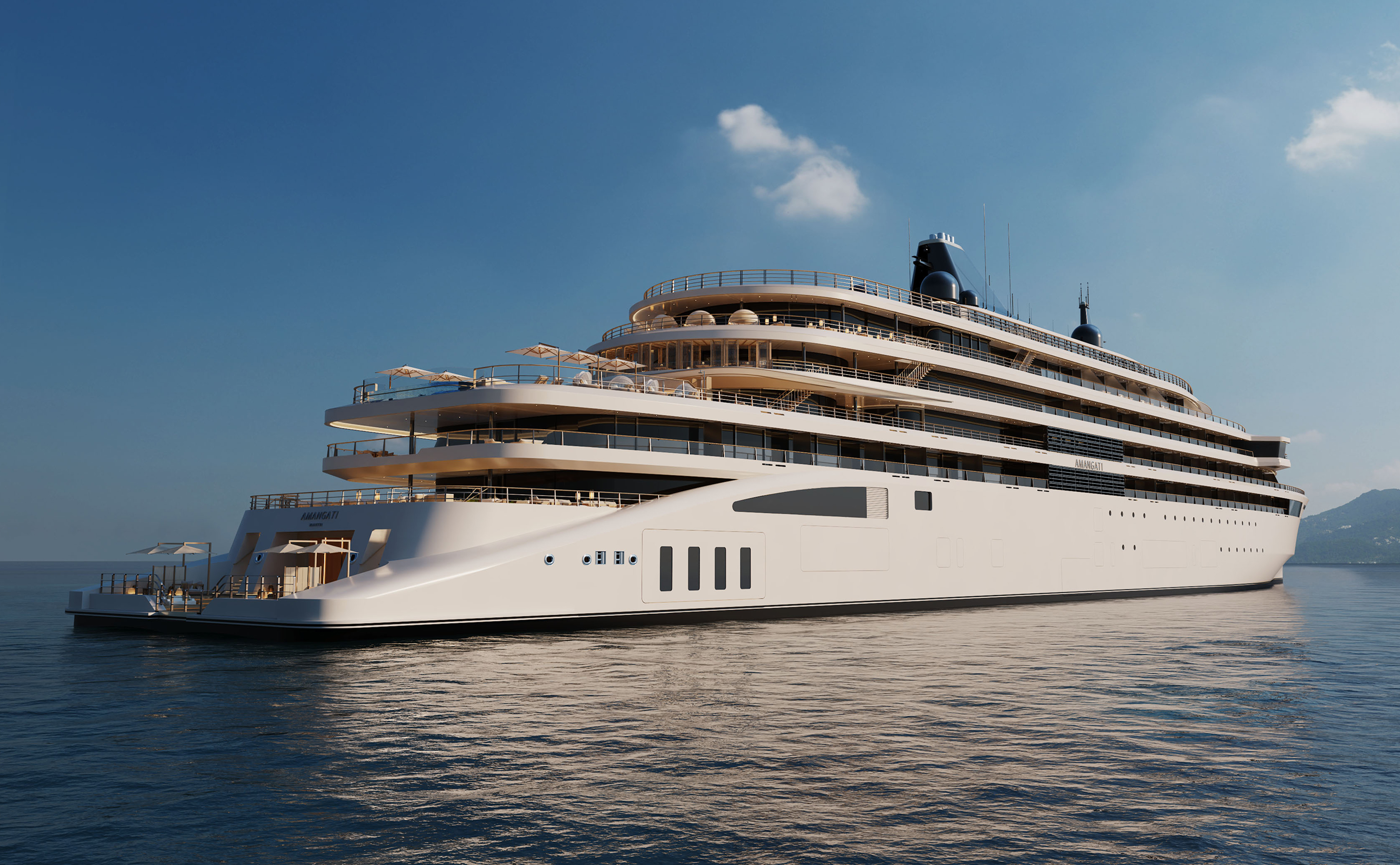 Exterior view of Amangati luxury motor yacht seen during Mediterranean yacht journey curated by Aman at Sea
