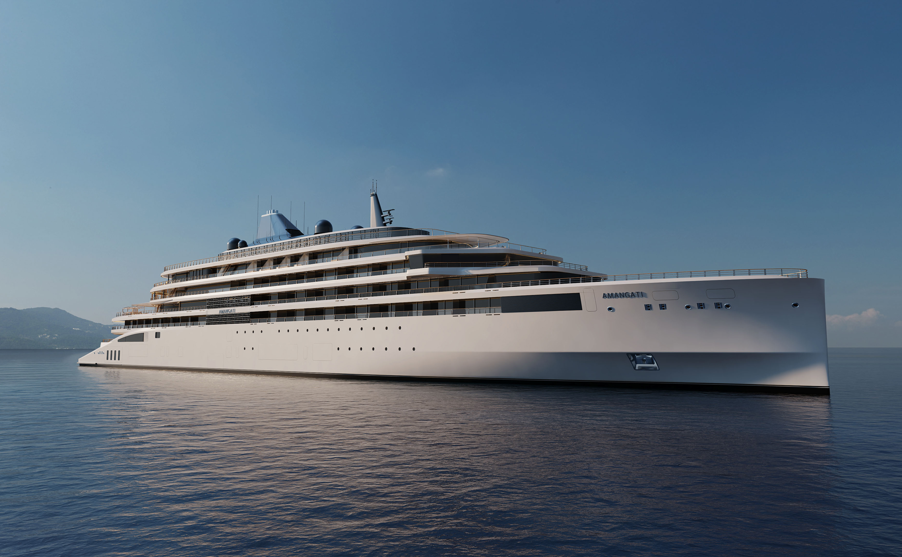Exterior view of the Amangati luxury motor yacht at sea on a clear day