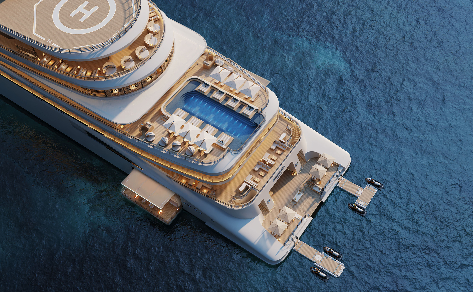 Aerial view of the luxury yacht Amangati showing helipad, pool and the Marina on a Mediterranean cruise