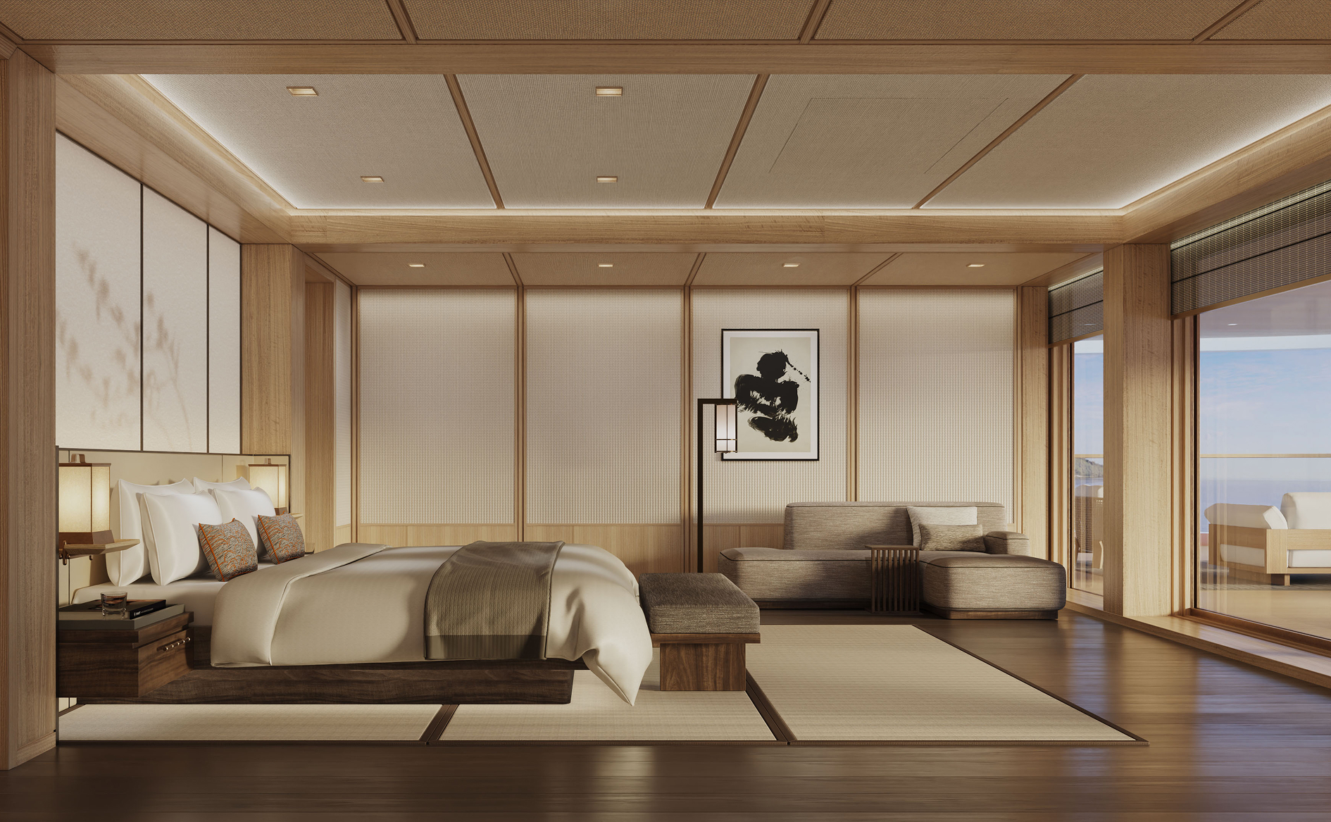 Minimalist Japanese-inspired interiors with timber walls and king-sized bed inside the Amangati yacht's Aman Suite stateroom.