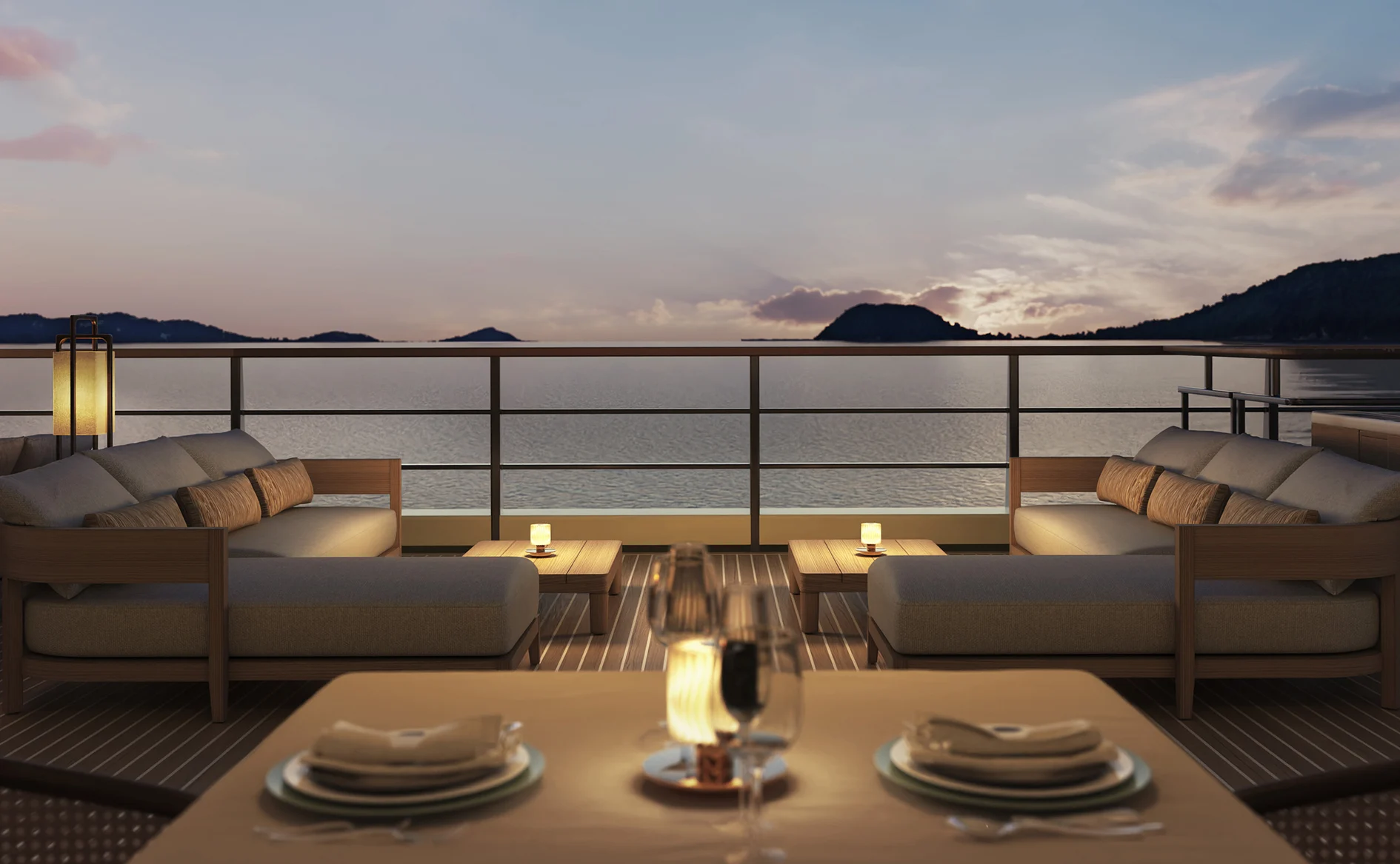 Evening ocean view from the terrace of Aman Grill on the Amangati luxury motor yacht