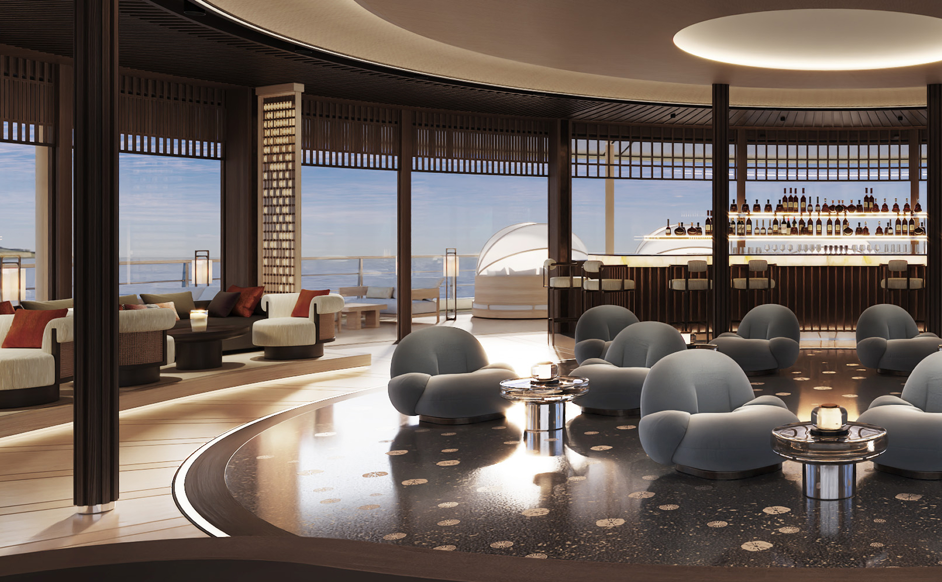 Elegant seating and ocean views inside The Jazz Club on the Amangati luxury charter yacht