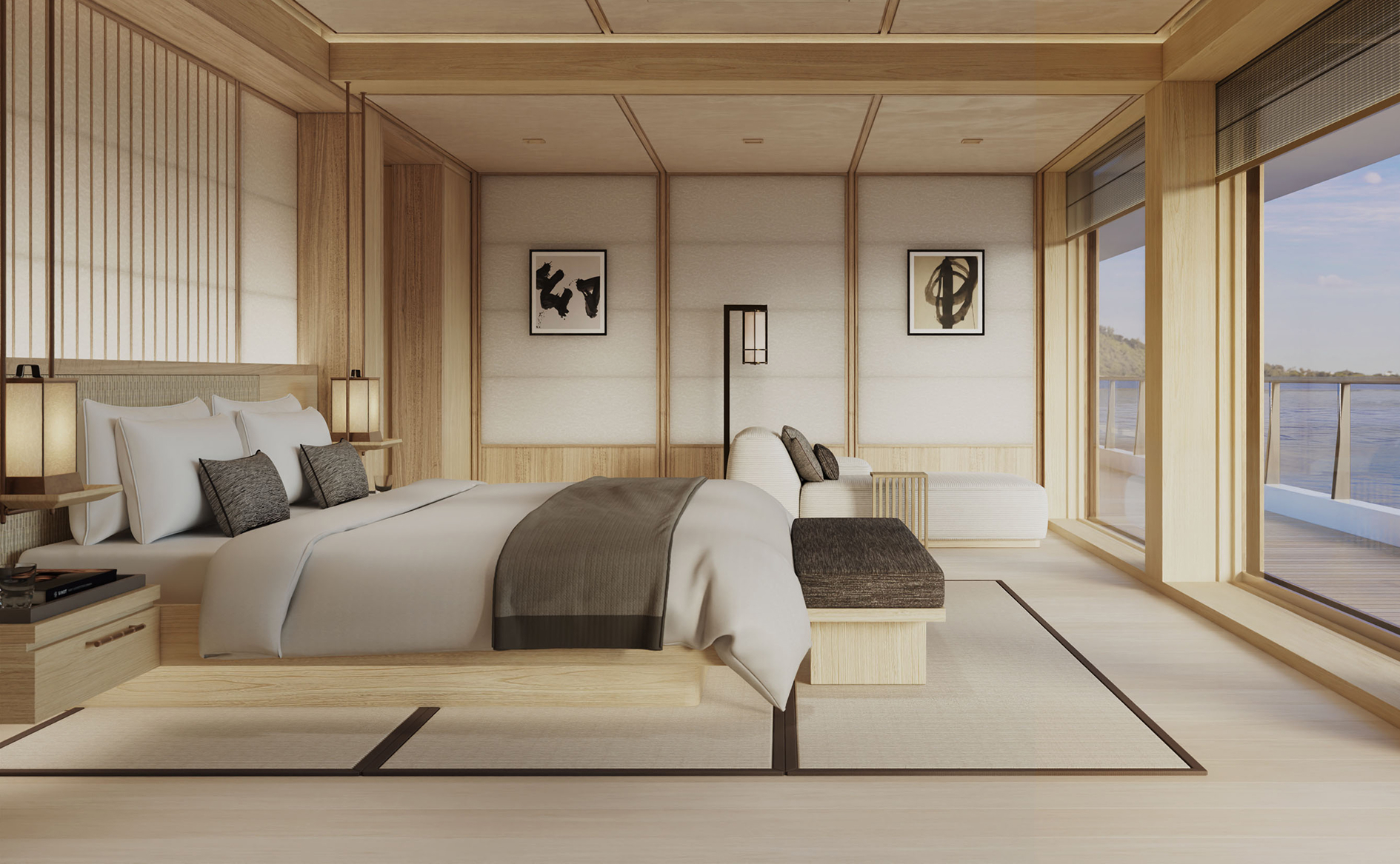 Japanese-inspired bedroom in a Premier Suite aboard the Amangati luxury charter yacht