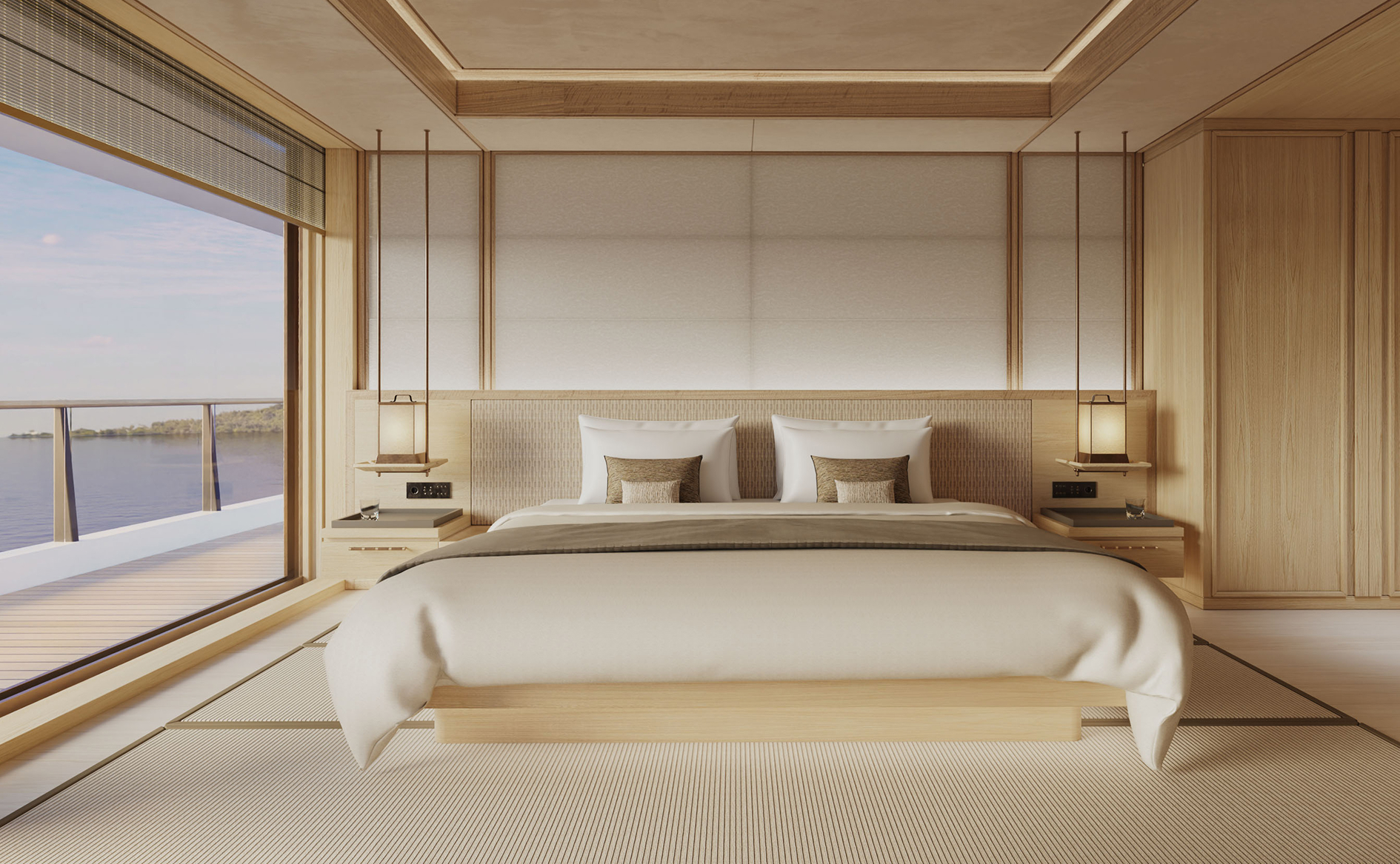 Japanese-inspired bedroom in the Deluxe Suite aboard the Amangati luxury charter yacht