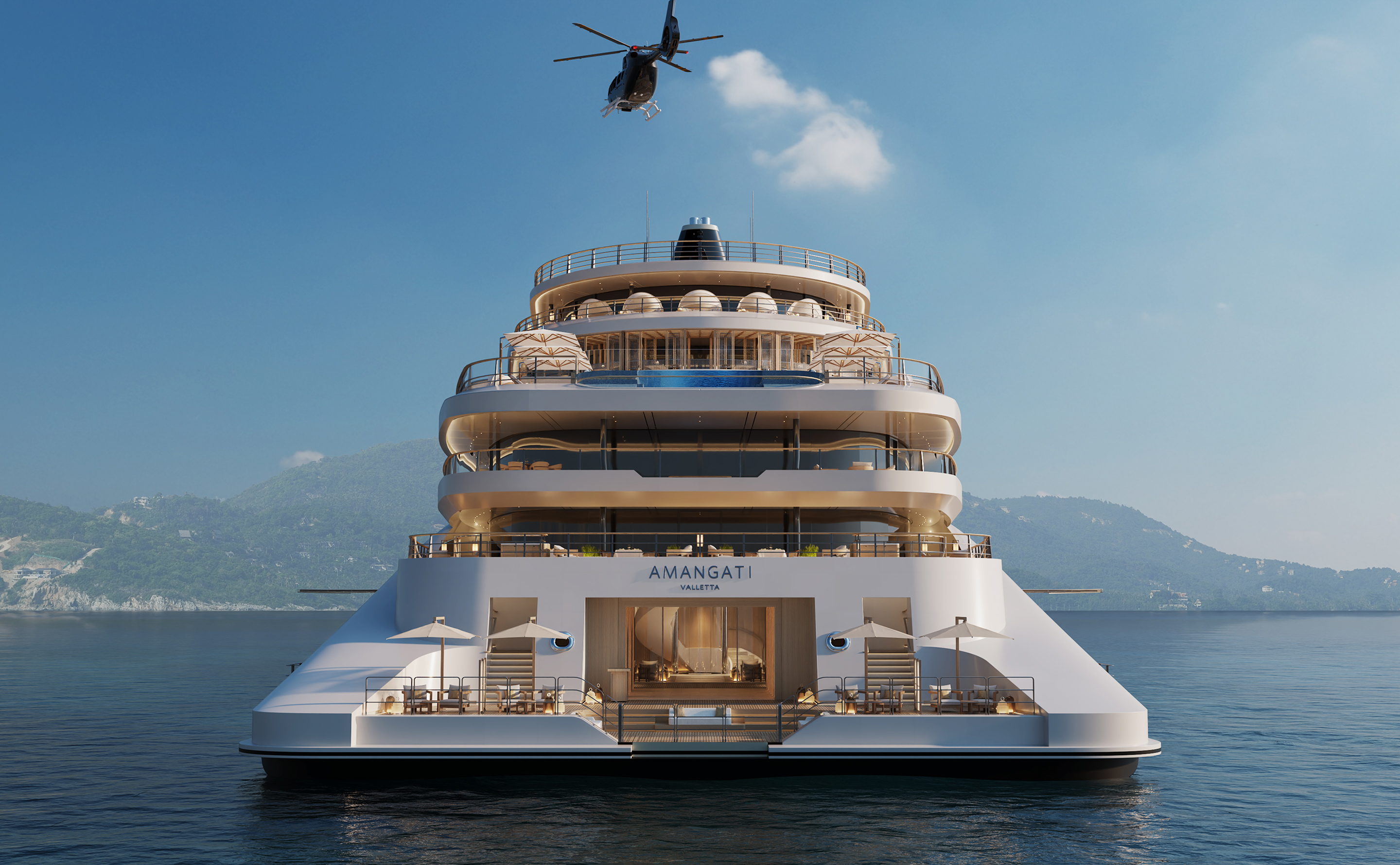 View of the Amangati luxury motor yacht featuring Marina and Selora Lounge