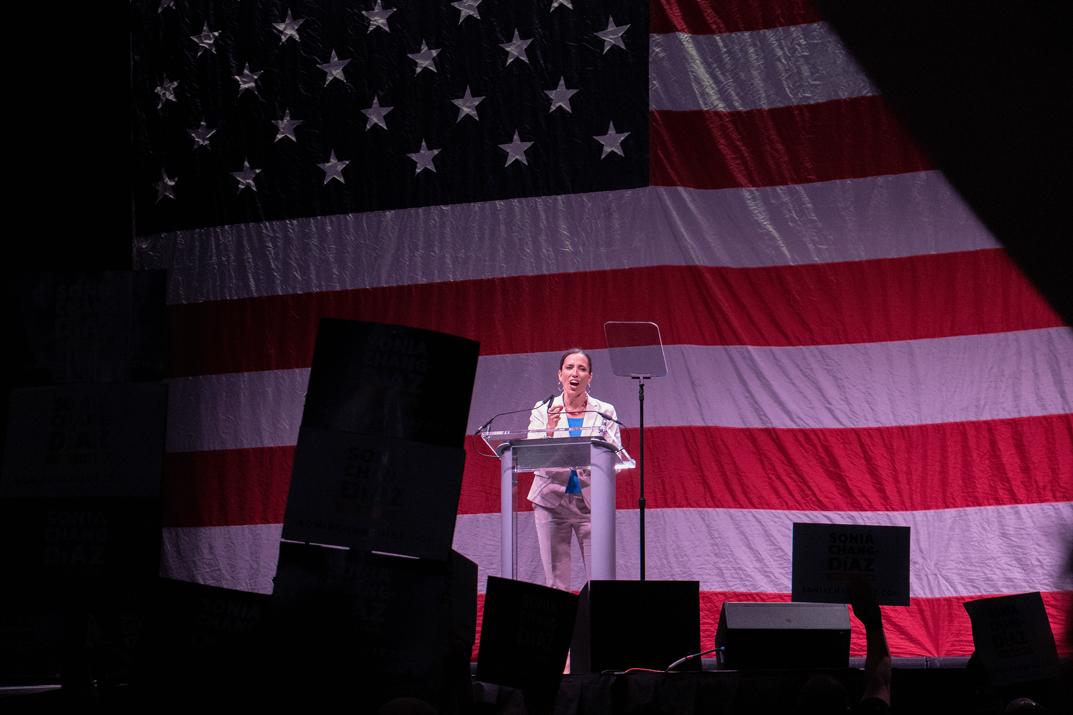 Sonia speaks in front of the American flag at the MA Democratic convention.