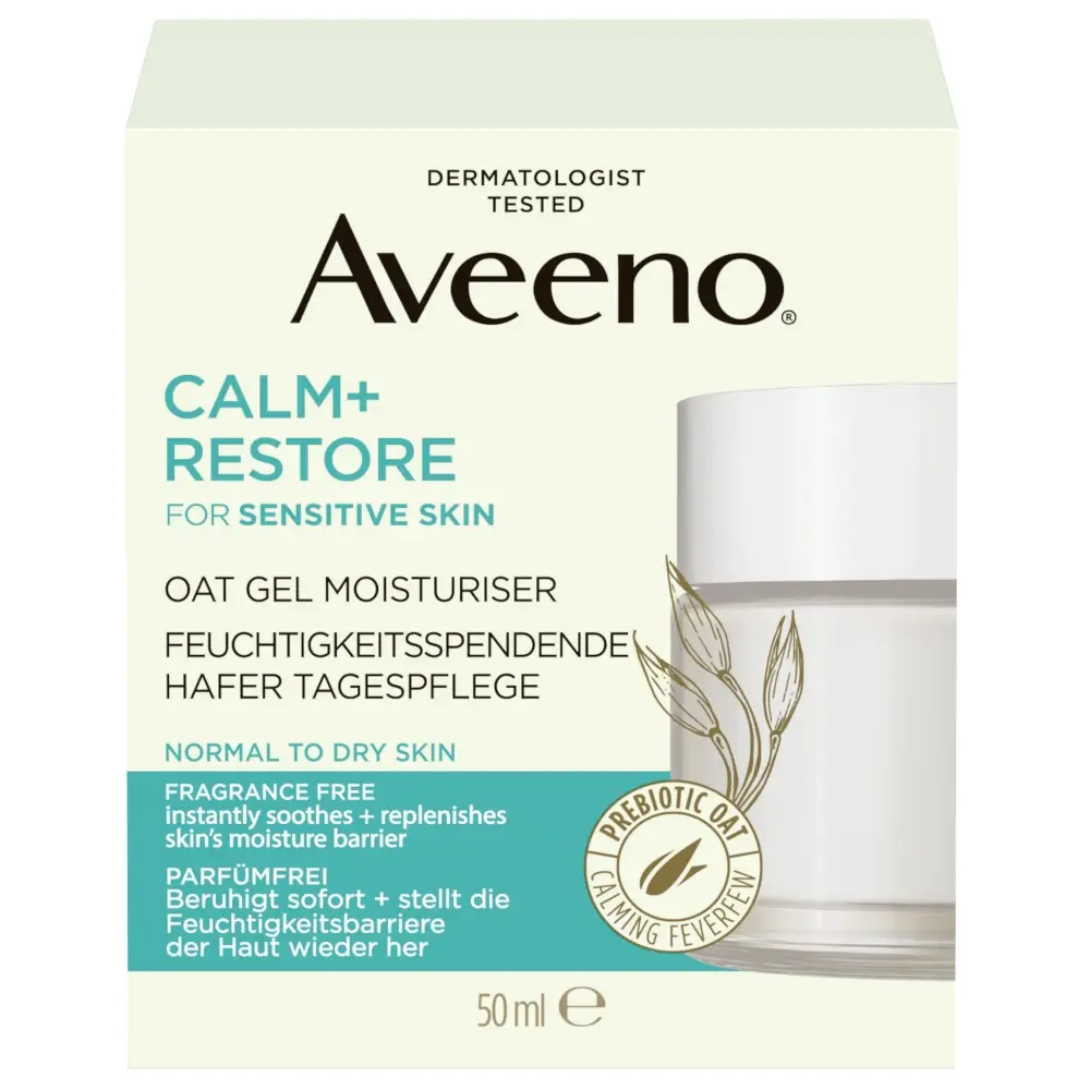 Aveeno® Calm+Restore™ Hydratační pleťový gel s ovsem, balení přední strana