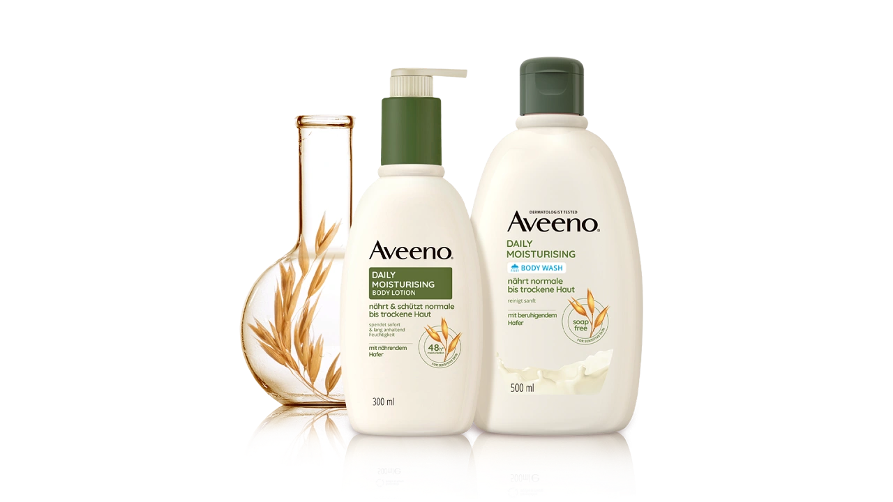 Aveeno® Daily Moisturising – péče o normální až suchou pleť – obrázky produktů Aveeno® Daily Moisturising přední strana