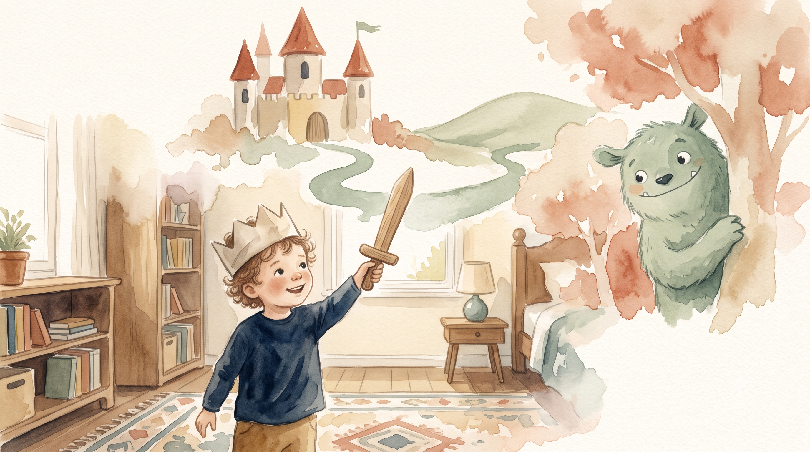 Watercolor illustration of a young child at imaginative play as the room softly dissolves into a painted world of a castle, a friendly creature and a winding path.